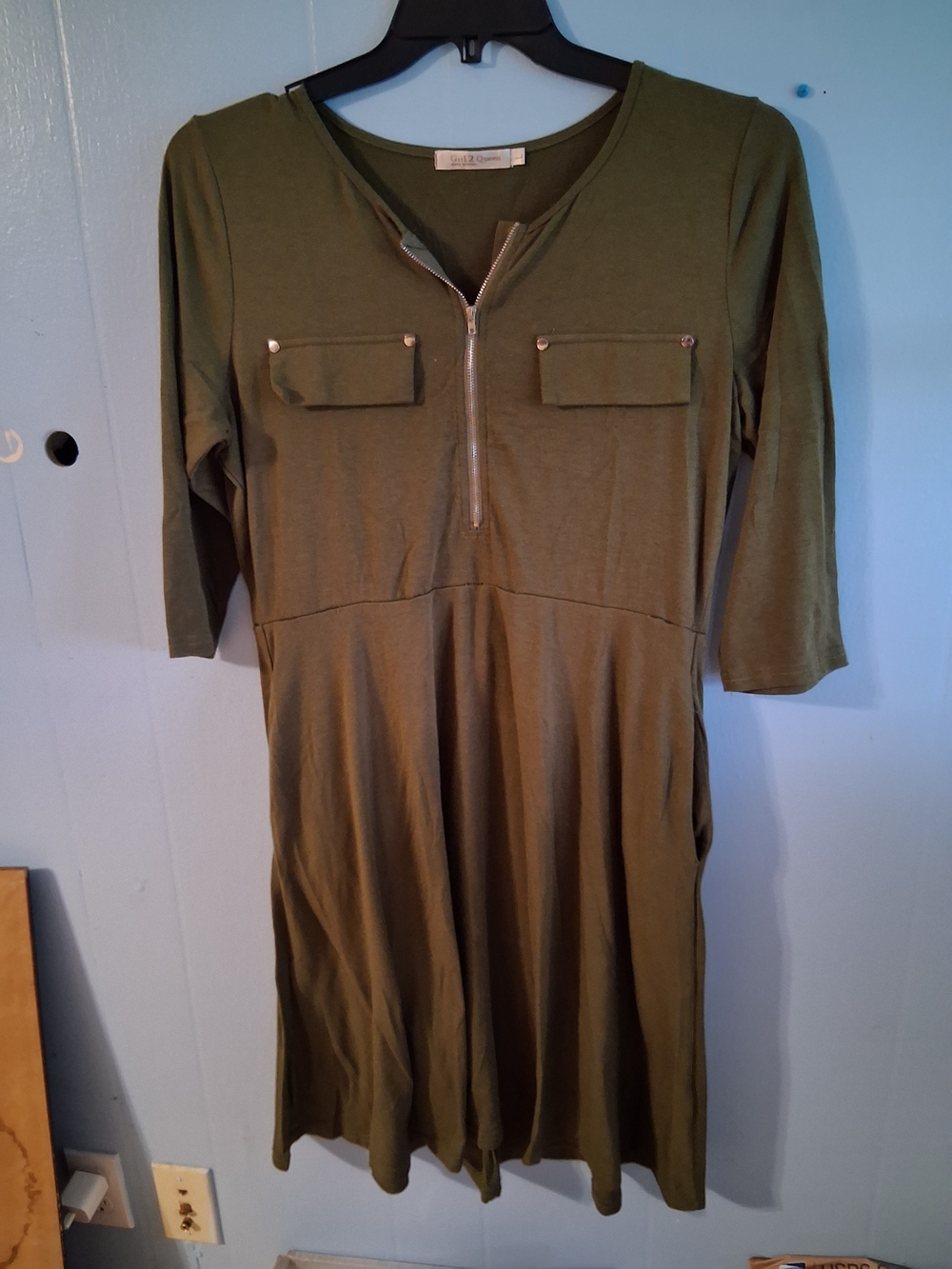 Zip-Front Olive Midi Dress with Pocket Details